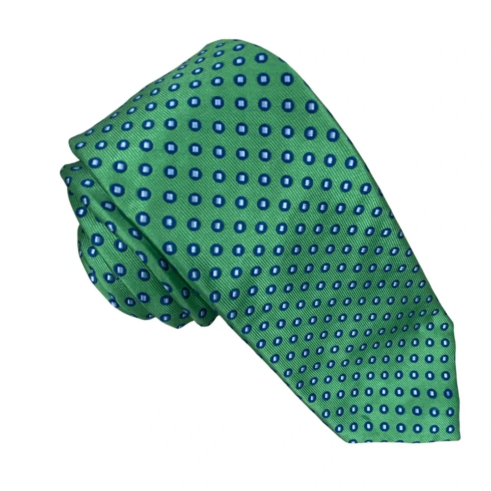 Chaps Silk Tie Mens Green Blue Geometric Medallion Dots Preppy Foulard Academia